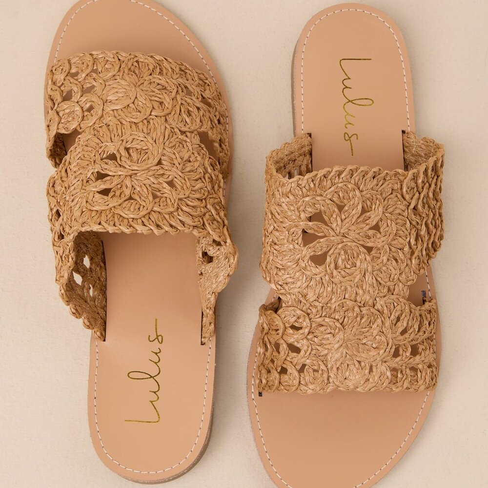 Lulu’s Karissa Tan Straw Woven Slide Sandals/NIB/9